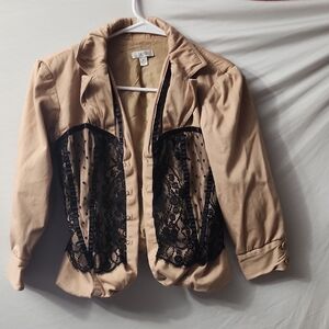 Y2K Cache Beige Blazer with Black Lace Detail